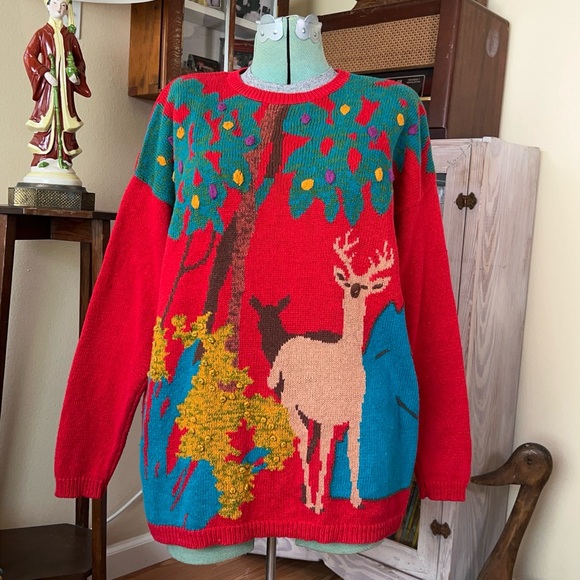 Vintage 90s Funky Nature Deer Colorful Textured Woodland Oversized Knit Sweater - Picture 2 of 10